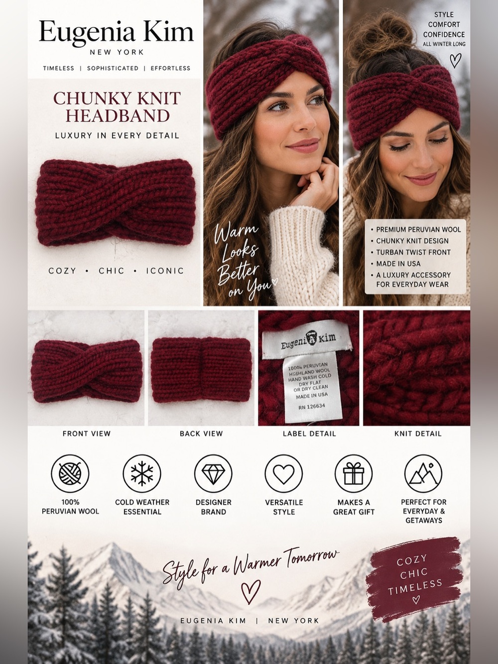 Eugenia Kim Burgundy Peruvian Wool Chunky Knit Turban Twist Headband USA